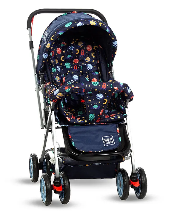 Mee Mee Little Explorer Baby Stroller / Pram for 0 to 3 Years, New Born / Kids, 5 Point Safety Harness, Adjustable backrest, 360 Swivel Wheel, Large storage basket, Reversible Handlebar (Modern, Navy Blue)