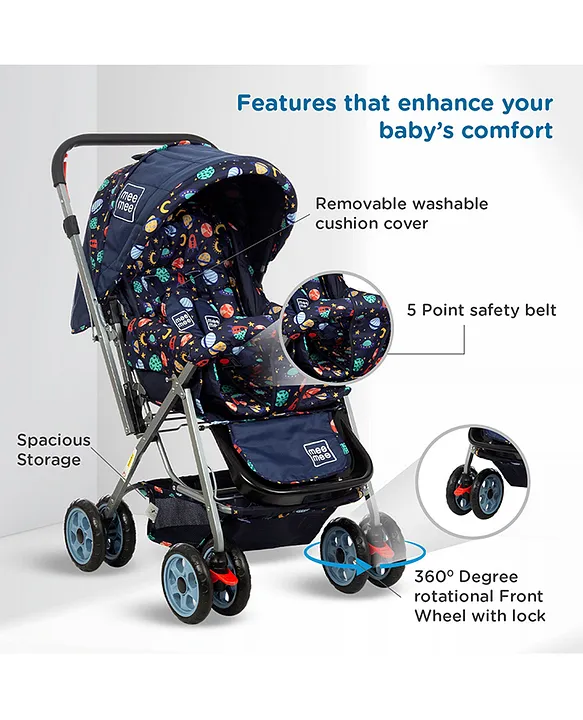 Mee Mee Little Explorer Baby Stroller / Pram for 0 to 3 Years, New Born / Kids, 5 Point Safety Harness, Adjustable backrest, 360 Swivel Wheel, Large storage basket, Reversible Handlebar (Modern, Navy Blue)