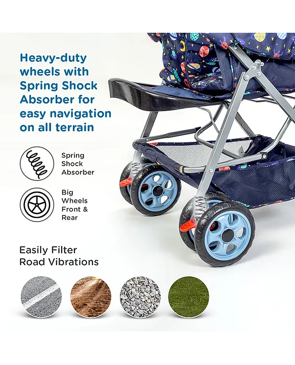 Mee Mee Little Explorer Baby Stroller / Pram for 0 to 3 Years, New Born / Kids, 5 Point Safety Harness, Adjustable backrest, 360 Swivel Wheel, Large storage basket, Reversible Handlebar (Modern, Navy Blue)