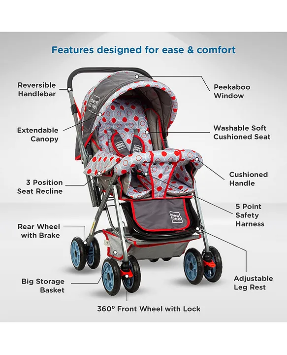 Mee Mee Little Explorer Baby Stroller/Pram for 0 to 3 Years, New Born/Kids, 5 Point Safety Harness, Adjustable backrest, 360 Swivel Wheel, Large Storage Basket, Reversible Handlebar Net (Modern, Red)