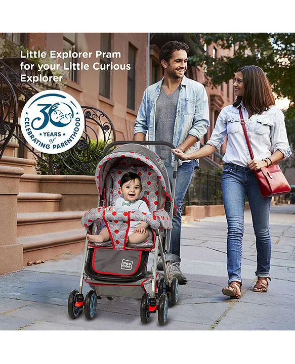 Mee Mee Little Explorer Baby Stroller/Pram for 0 to 3 Years, New Born/Kids, 5 Point Safety Harness, Adjustable backrest, 360 Swivel Wheel, Large Storage Basket, Reversible Handlebar Net (Modern, Red)
