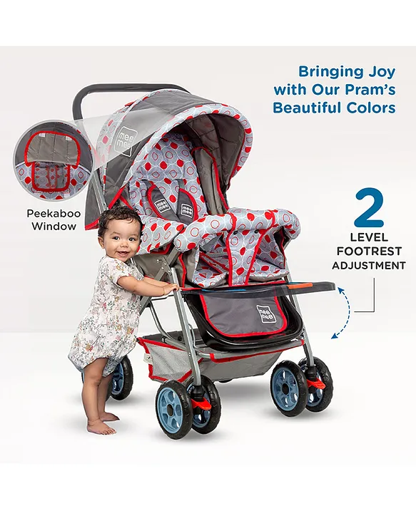 Mee Mee Little Explorer Baby Stroller/Pram for 0 to 3 Years, New Born/Kids, 5 Point Safety Harness, Adjustable backrest, 360 Swivel Wheel, Large Storage Basket, Reversible Handlebar Net (Modern, Red)