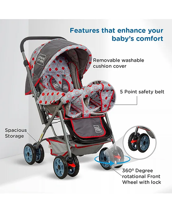 Mee Mee Little Explorer Baby Stroller/Pram for 0 to 3 Years, New Born/Kids, 5 Point Safety Harness, Adjustable backrest, 360 Swivel Wheel, Large Storage Basket, Reversible Handlebar Net (Modern, Red)