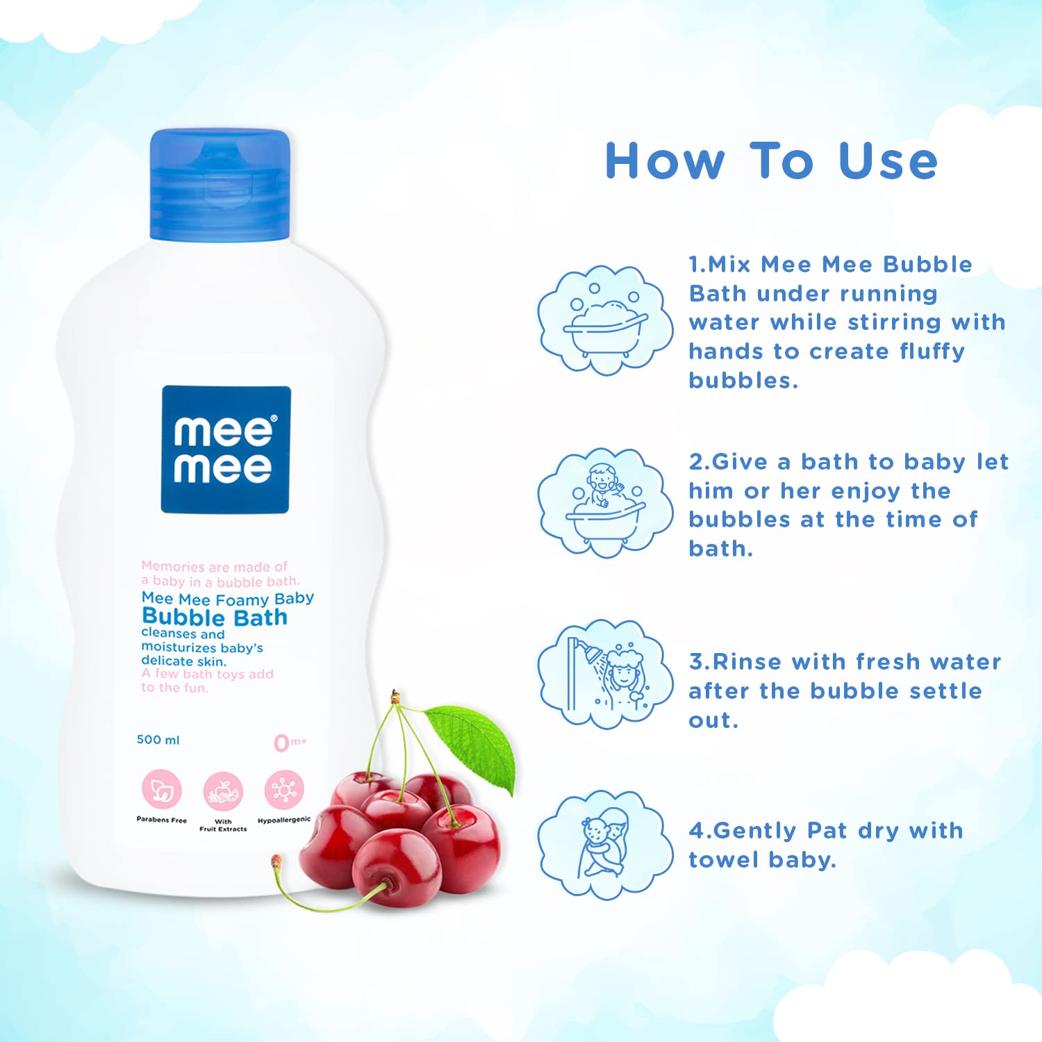Mee Mee Baby Bubble bath 400 Ml, Pack of 1 With Cherry & Fruit Extracts | Tear-Free Formula | Moisturizes and Soothes Skin | Natural Head to Toe Baby Mild Bubble Bath Dermatologically Tested