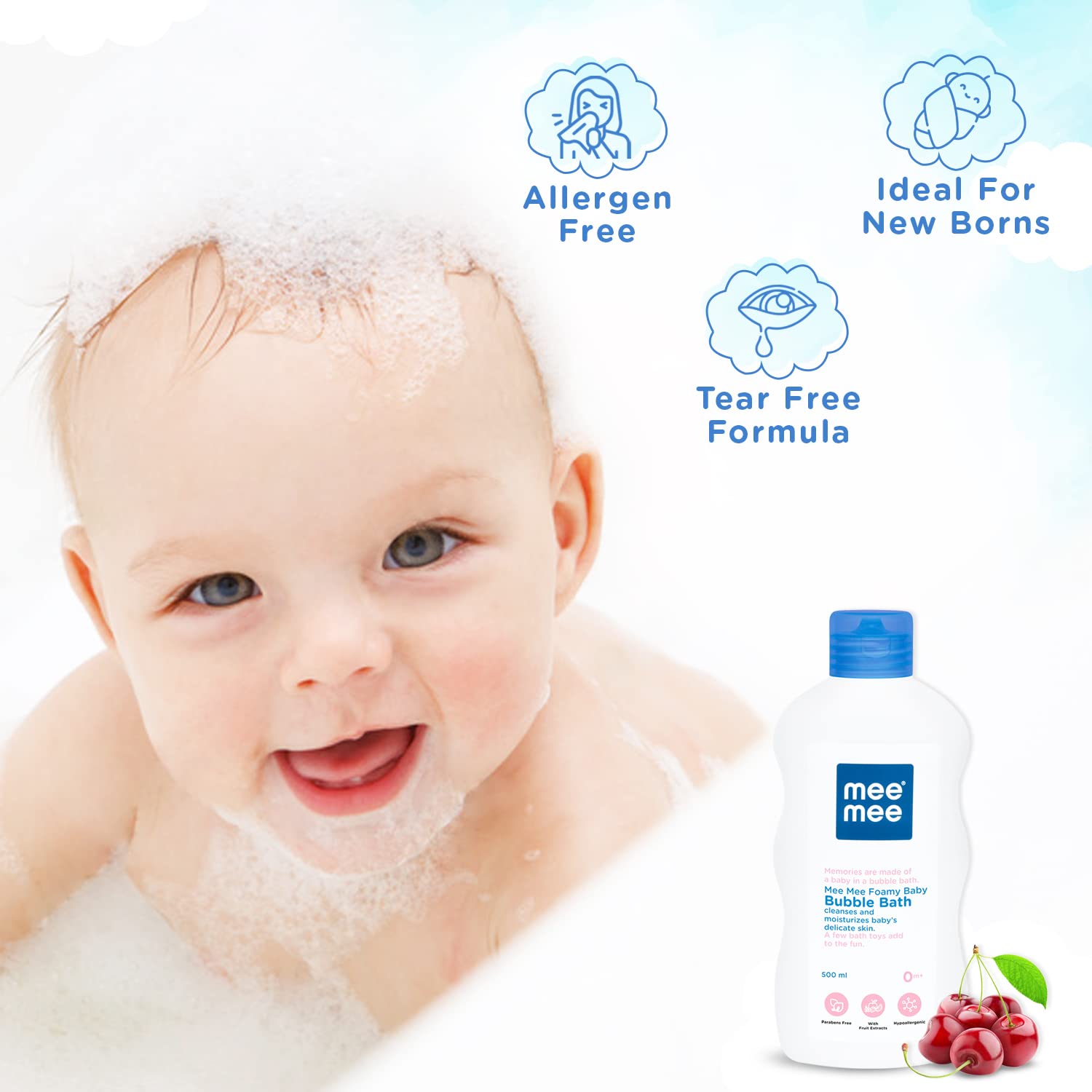 Mee Mee Baby Bubble bath 400 Ml, Pack of 1 With Cherry & Fruit Extracts | Tear-Free Formula | Moisturizes and Soothes Skin | Natural Head to Toe Baby Mild Bubble Bath Dermatologically Tested