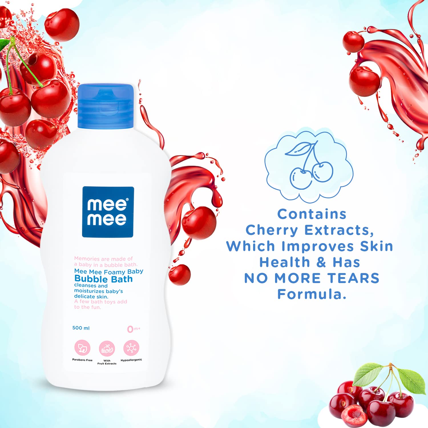 Mee Mee Baby Bubble bath 400 Ml, Pack of 1 With Cherry & Fruit Extracts | Tear-Free Formula | Moisturizes and Soothes Skin | Natural Head to Toe Baby Mild Bubble Bath Dermatologically Tested