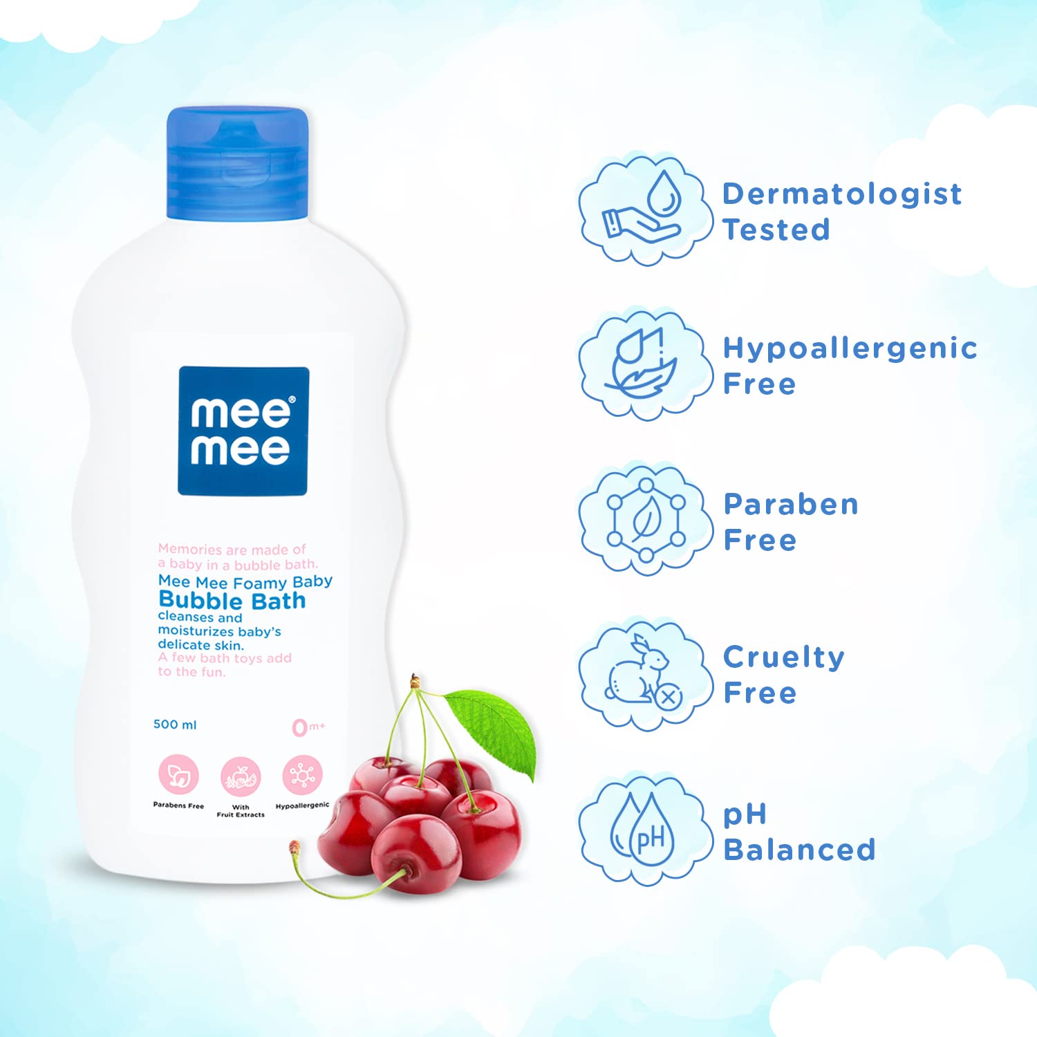 Mee Mee Baby Bubble bath 400 Ml, Pack of 1 With Cherry & Fruit Extracts | Tear-Free Formula | Moisturizes and Soothes Skin | Natural Head to Toe Baby Mild Bubble Bath Dermatologically Tested