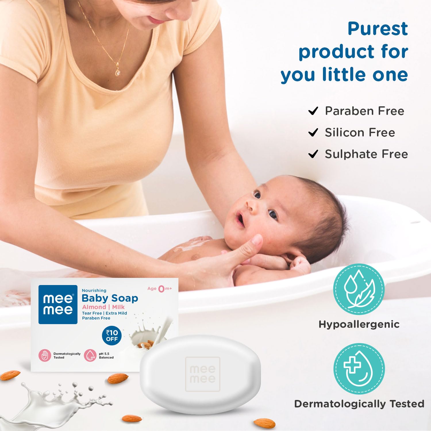 Mee Mee Gentle Baby Soap Gentle Bathing Bar Infused with Chamomile, Olive, Almond Oil, and Milk Extracts | Dermatologist Tested for Soft Baby Skin | Tear-Free Formula | Paraben Free