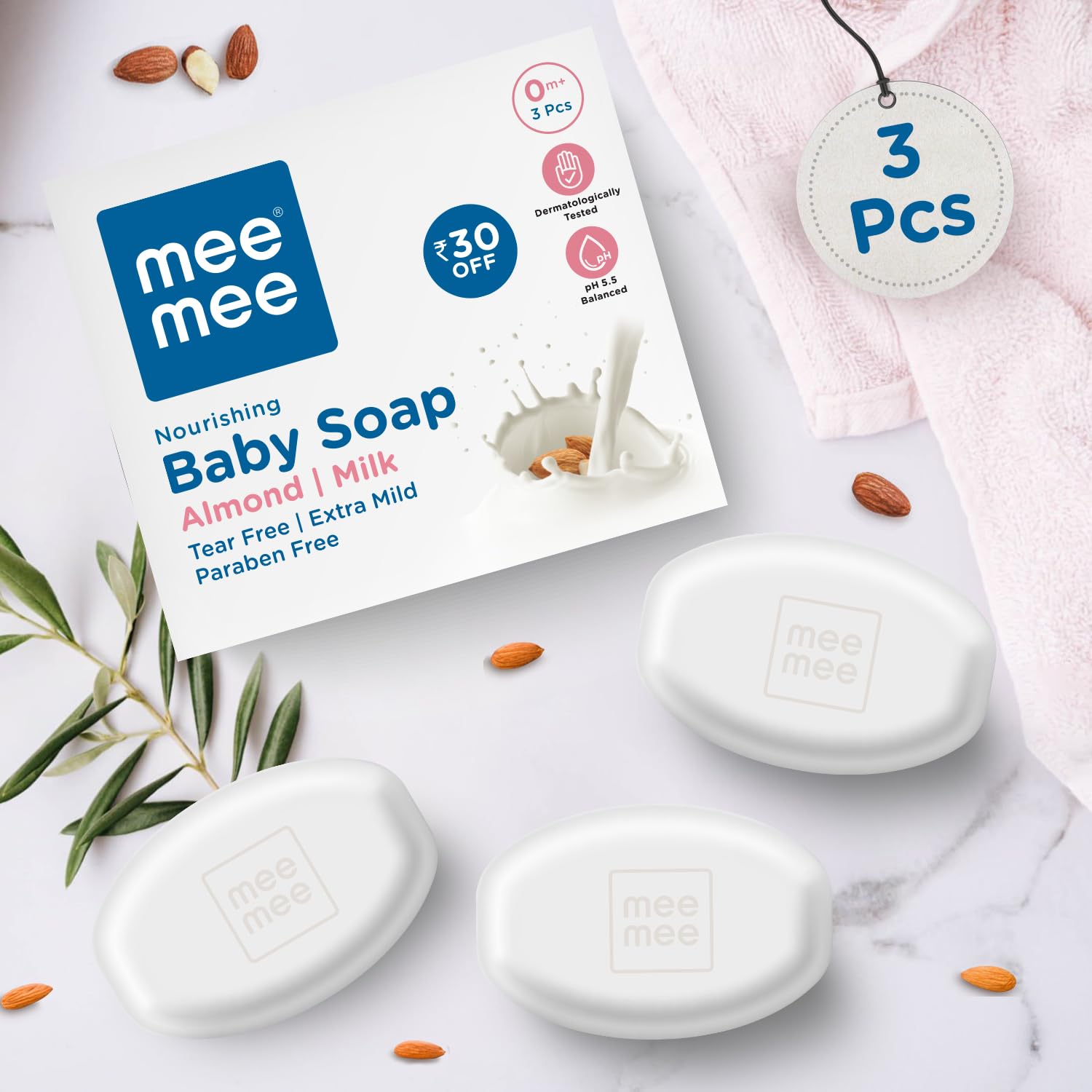 Mee Mee Gentle Baby Soap Gentle Bathing Bar Infused with Chamomile, Olive, Almond Oil, and Milk Extracts | Dermatologist Tested for Soft Baby Skin | Tear-Free Formula | Paraben Free