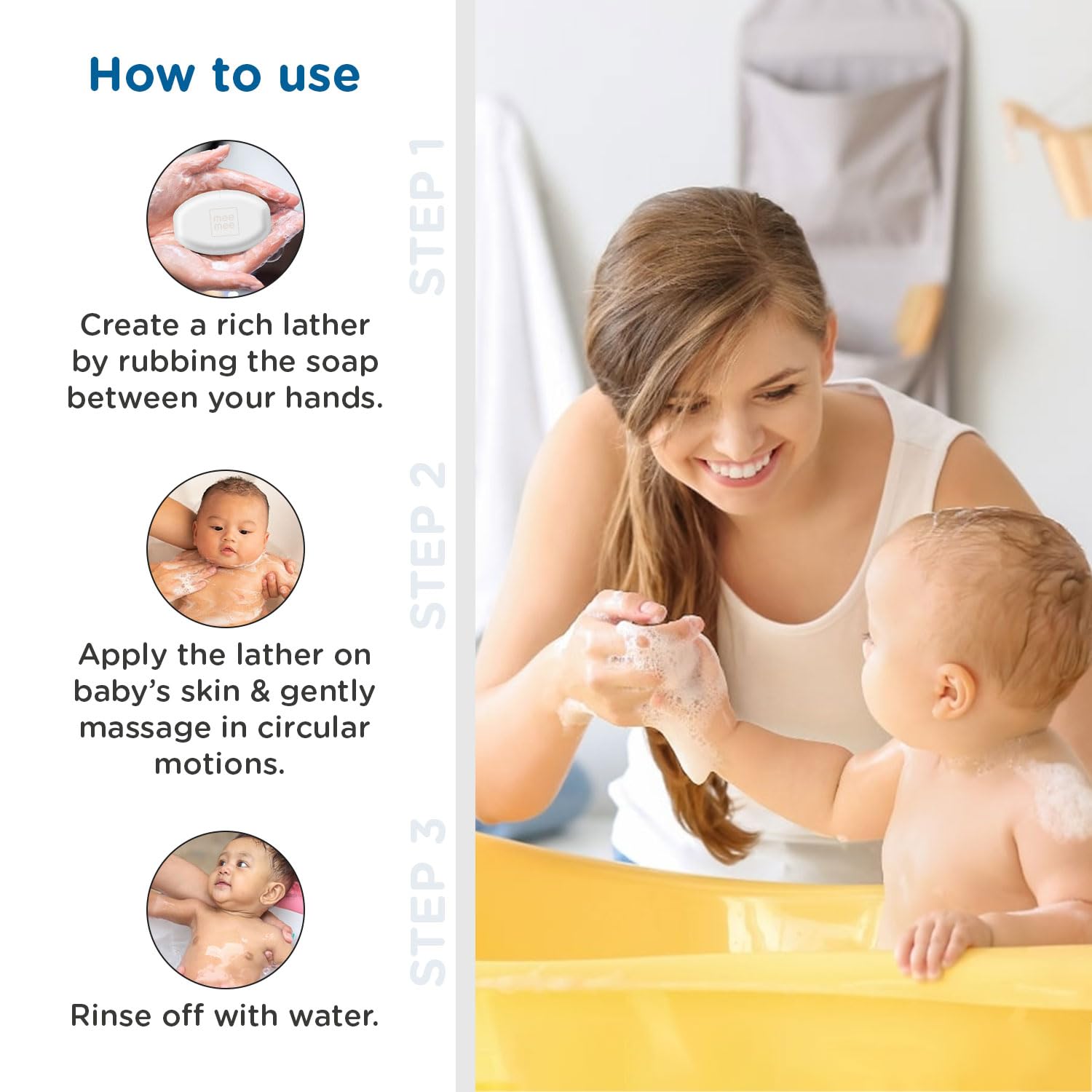 Mee Mee Gentle Baby Soap Gentle Bathing Bar Infused with Chamomile, Olive, Almond Oil, and Milk Extracts | Dermatologist Tested for Soft Baby Skin | Tear-Free Formula | Paraben Free