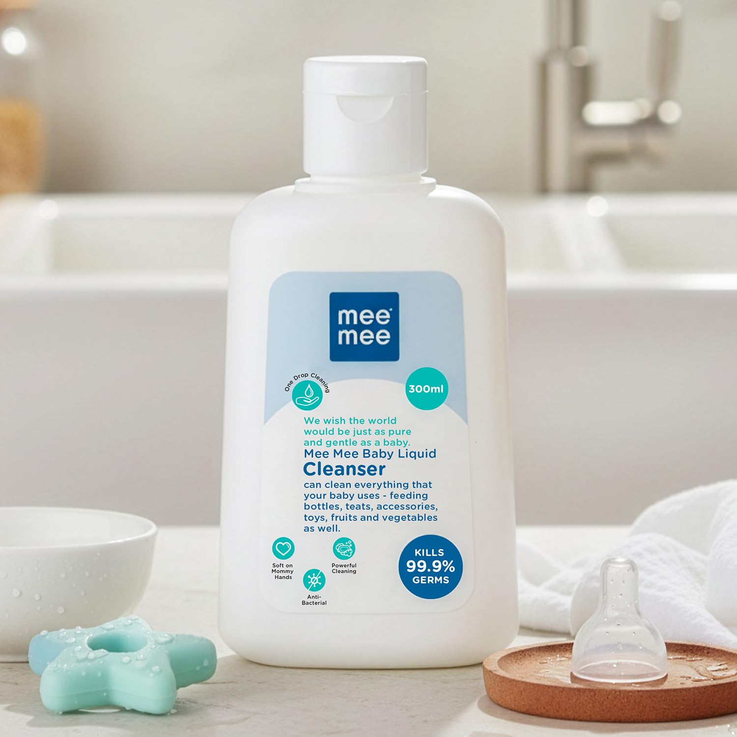 Mee Mee Baby Liquid Cleanser Anti-Bacterial Kills 99.9% Germs | Cleanser for Bottles, Nipples, Accessories, Toys, Fruits & Vegetables | No Alcohol, One Drop Cleaning, Dermatologically Tested