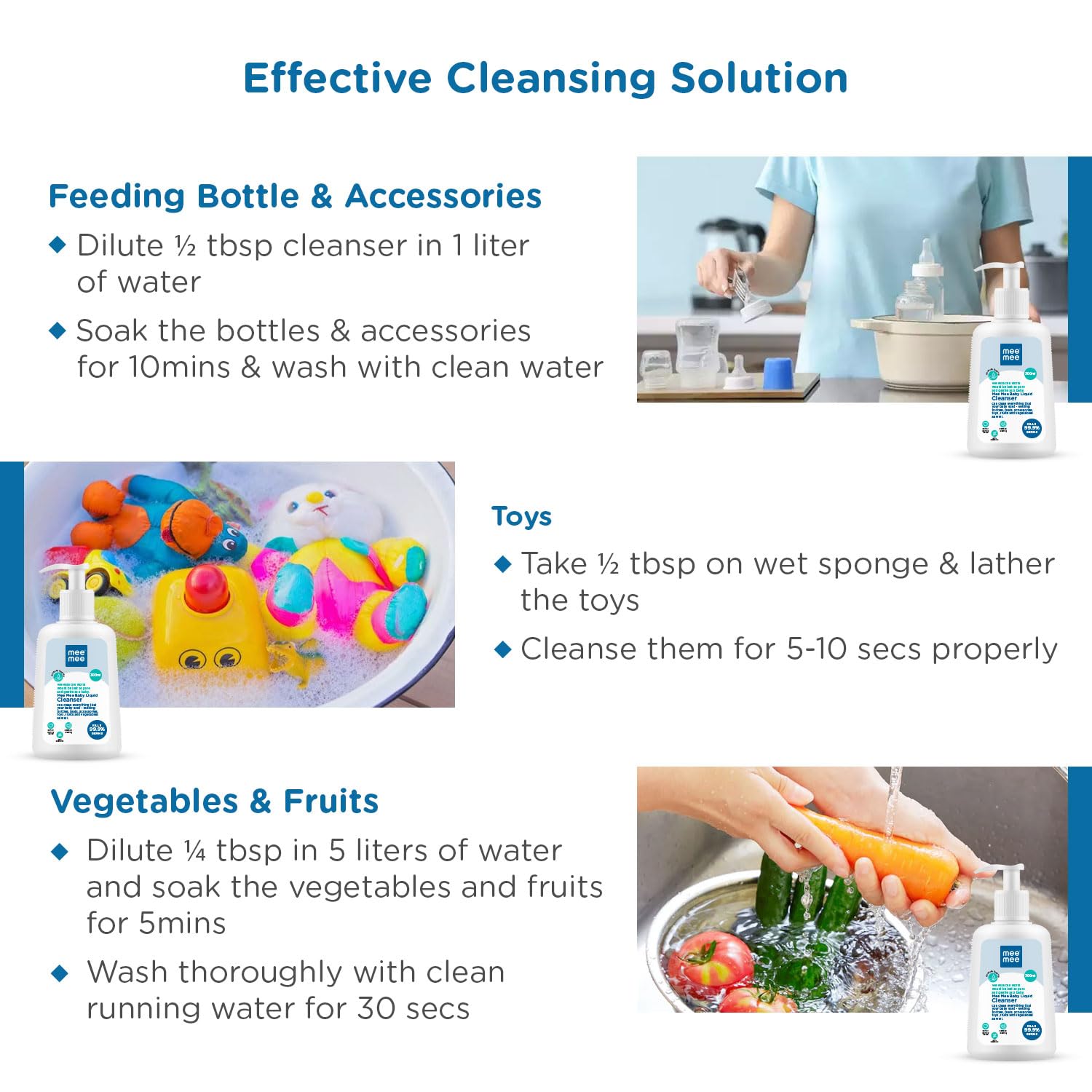 Mee Mee Baby Liquid Cleanser Anti-Bacterial Kills 99.9% Germs | Cleanser for Bottles, Nipples, Accessories, Toys, Fruits & Vegetables | No Alcohol, One Drop Cleaning, Dermatologically Tested
