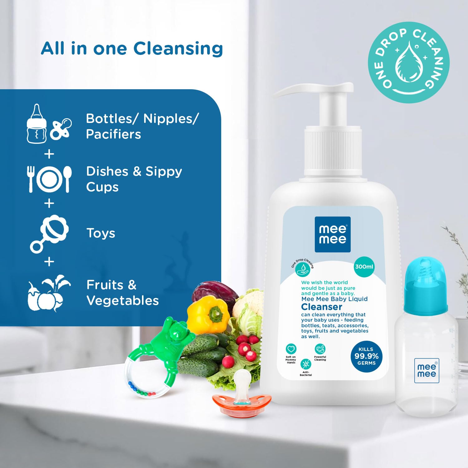 Mee Mee Baby Liquid Cleanser Anti-Bacterial Kills 99.9% Germs | Cleanser for Bottles, Nipples, Accessories, Toys, Fruits & Vegetables | No Alcohol, One Drop Cleaning, Dermatologically Tested