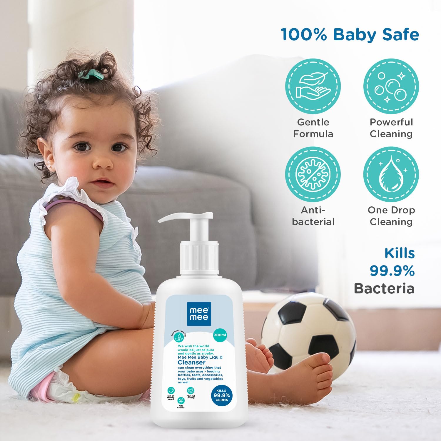Mee Mee Baby Liquid Cleanser Anti-Bacterial Kills 99.9% Germs | Cleanser for Bottles, Nipples, Accessories, Toys, Fruits & Vegetables | No Alcohol, One Drop Cleaning, Dermatologically Tested