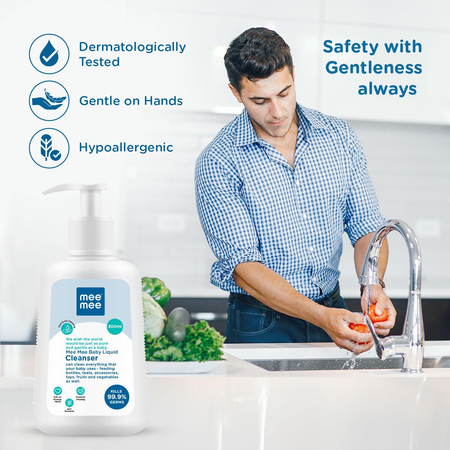 Mee Mee Baby Liquid Cleanser Anti-Bacterial Kills 99.9% Germs | Cleanser for Bottles, Nipples, Accessories, Toys, Fruits & Vegetables | No Alcohol, One Drop Cleaning, Dermatologically Tested