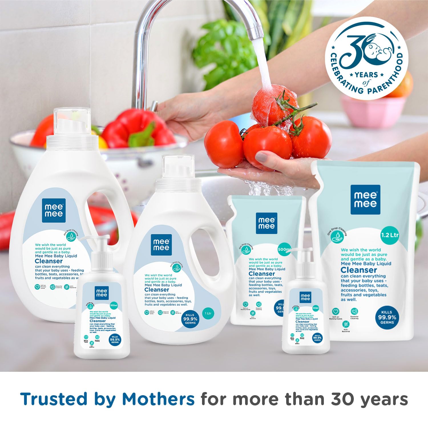 Mee Mee Baby Liquid Cleanser Anti-Bacterial Kills 99.9% Germs | Cleanser for Bottles, Nipples, Accessories, Toys, Fruits & Vegetables | No Alcohol, One Drop Cleaning, Dermatologically Tested