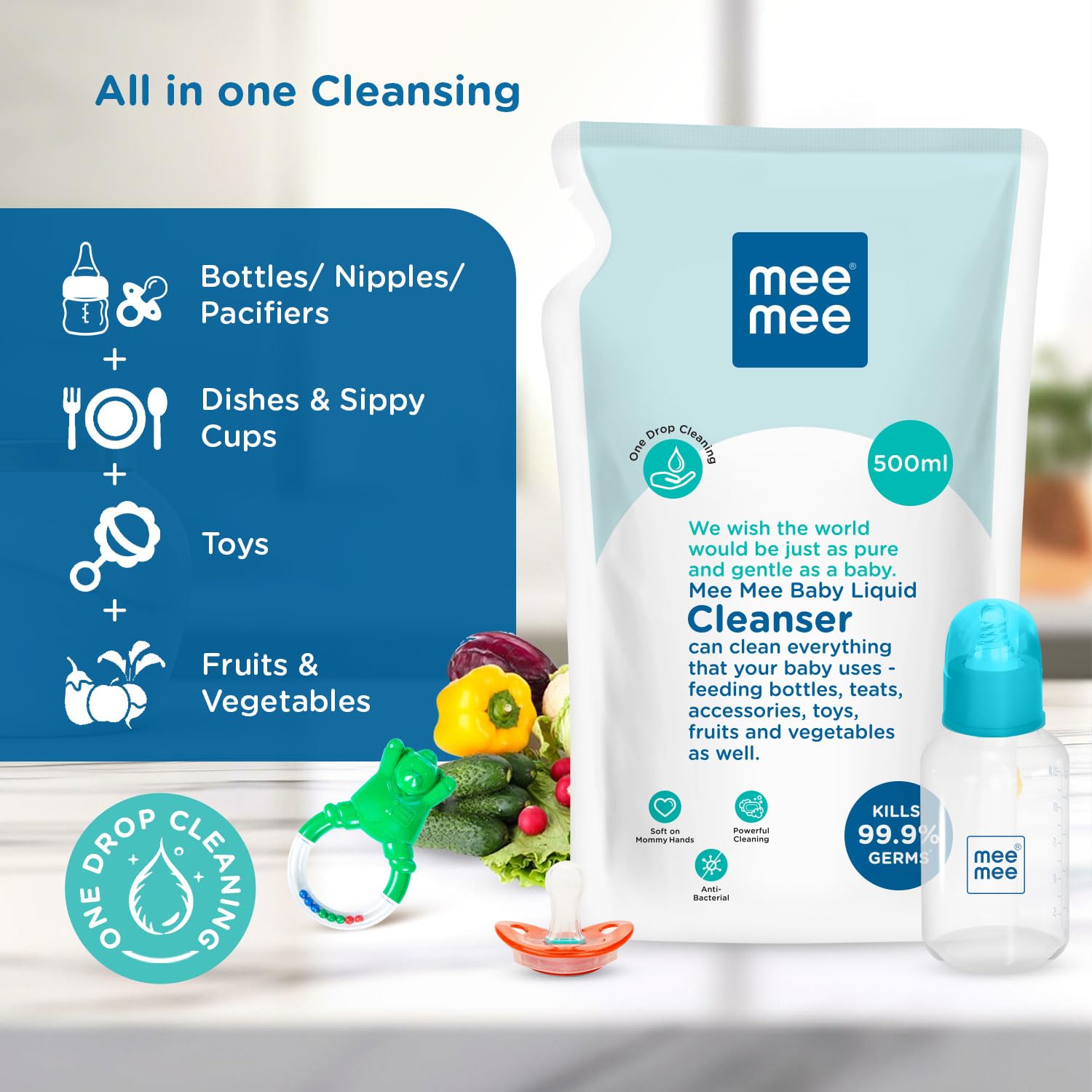 Mee Mee Baby Liquid Cleanser, Anti-Bacterial Kills 99.9% Germs | For Baby Bottles, Nipples, Accessories, Toys, Fruits & Vegetables | No Alcohol, One Drop Cleaning, Dermatologically Tested
