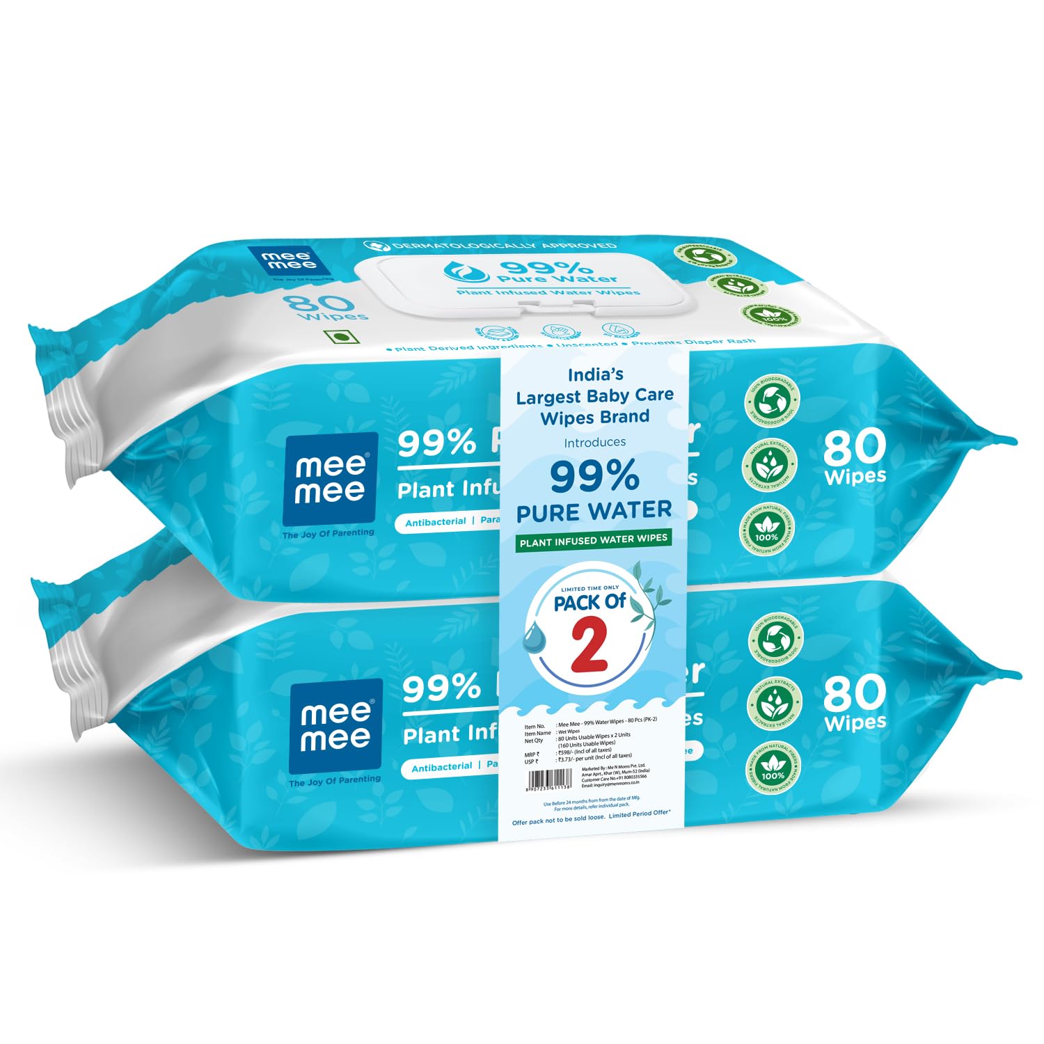 Mee Mee Pure Water Wet Wipes with Lid 80?pcs ×?2 (160 Pcs)– Unscented, Plant Derived, Super Thick Baby Wet pure Wipes