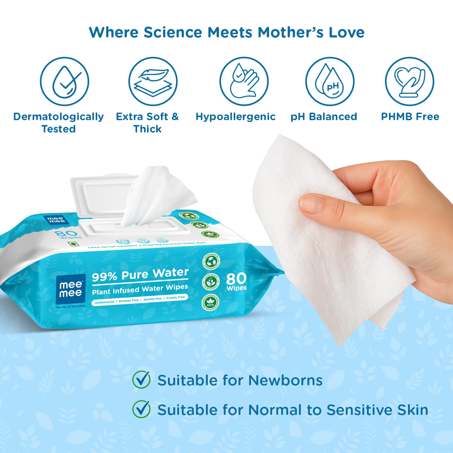 Mee Mee Pure Water Wet Wipes with Lid 80?pcs ×?2 (160 Pcs)– Unscented, Plant Derived, Super Thick Baby Wet pure Wipes