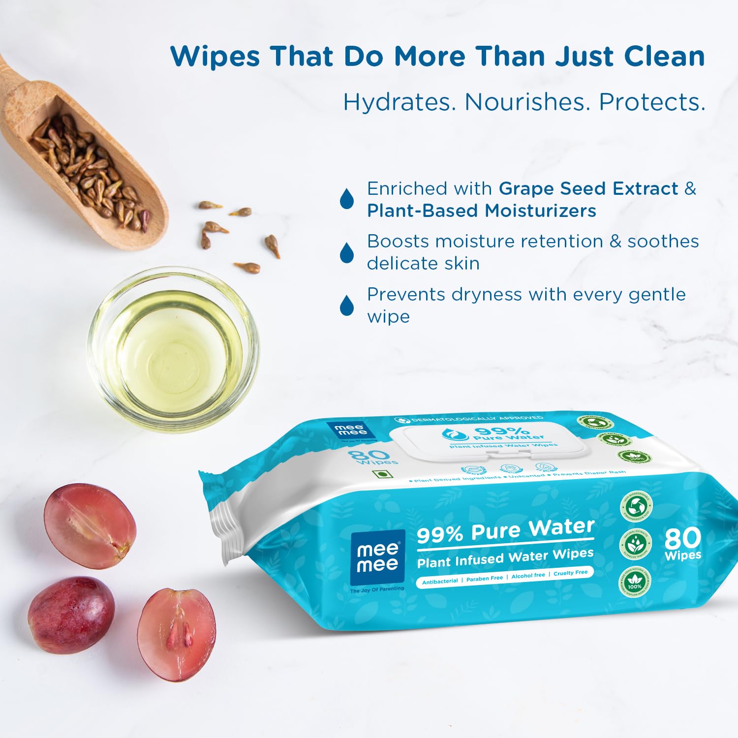 Mee Mee Pure Water Wet Wipes with Lid 80?pcs ×?2 (160 Pcs)– Unscented, Plant Derived, Super Thick Baby Wet pure Wipes
