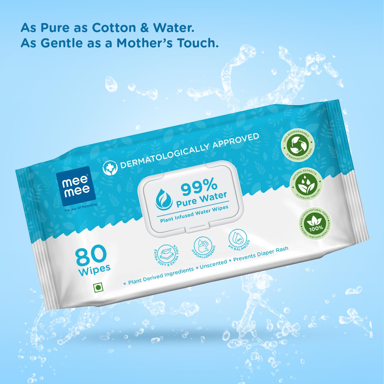 Mee Mee Pure Water Wet Wipes with Lid 80?pcs ×?2 (160 Pcs)– Unscented, Plant Derived, Super Thick Baby Wet pure Wipes