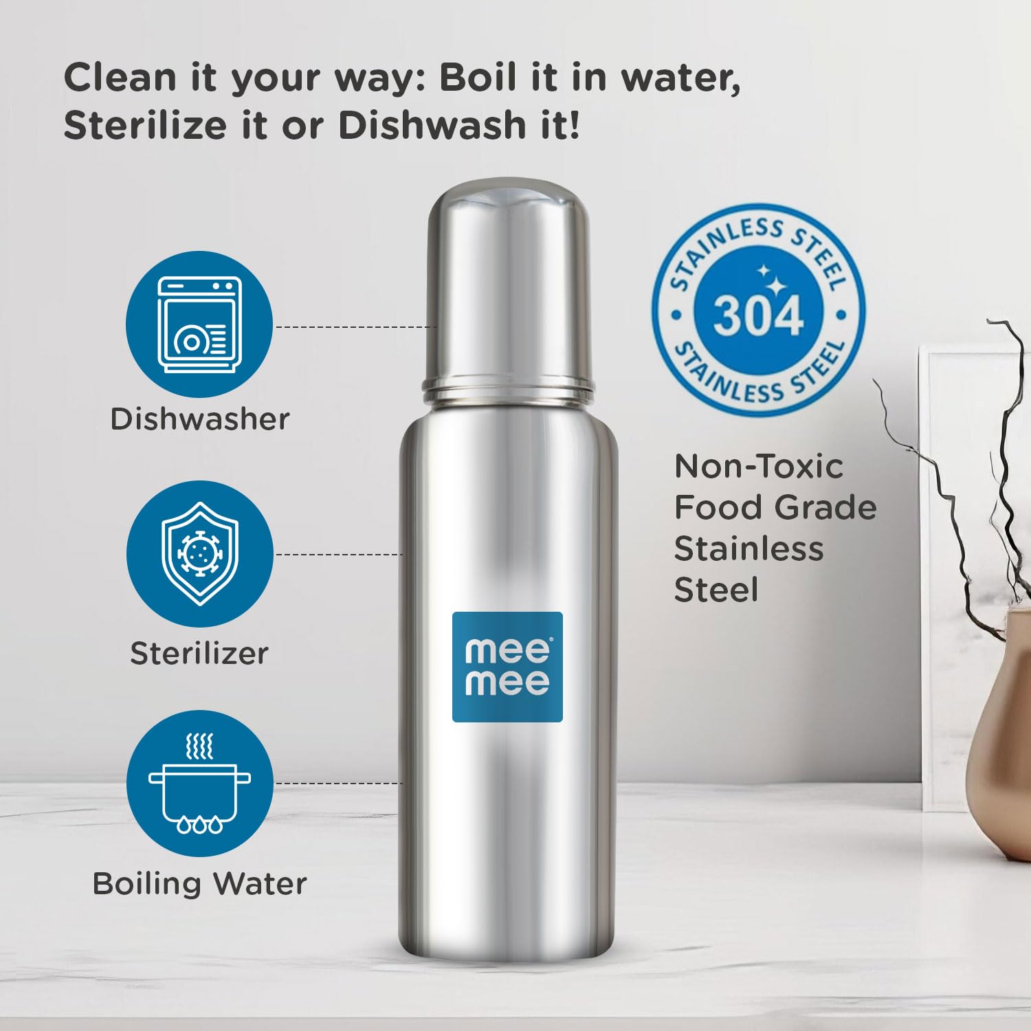 Mee Mee Baby Steel Feeding Bottle 250ml | Baby Milk Bottle with Advanced Anti Colic Valve, BPA Free, Soft Silicone Teat, Wide Neck for Babies/Infants/Newborns of 0-2 Years