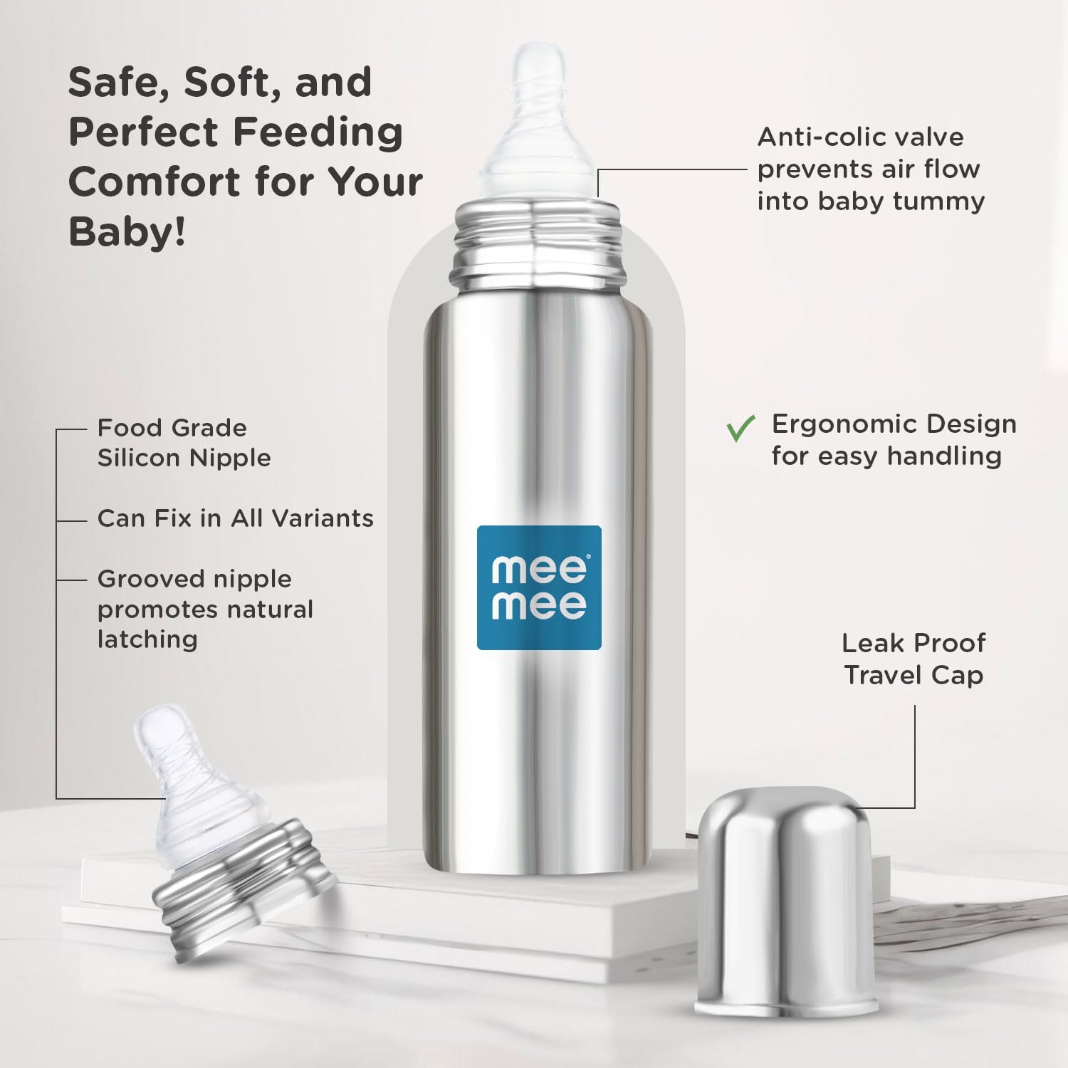Mee Mee Baby Steel Feeding Bottle 250ml | Baby Milk Bottle with Advanced Anti Colic Valve, BPA Free, Soft Silicone Teat, Wide Neck for Babies/Infants/Newborns of 0-2 Years