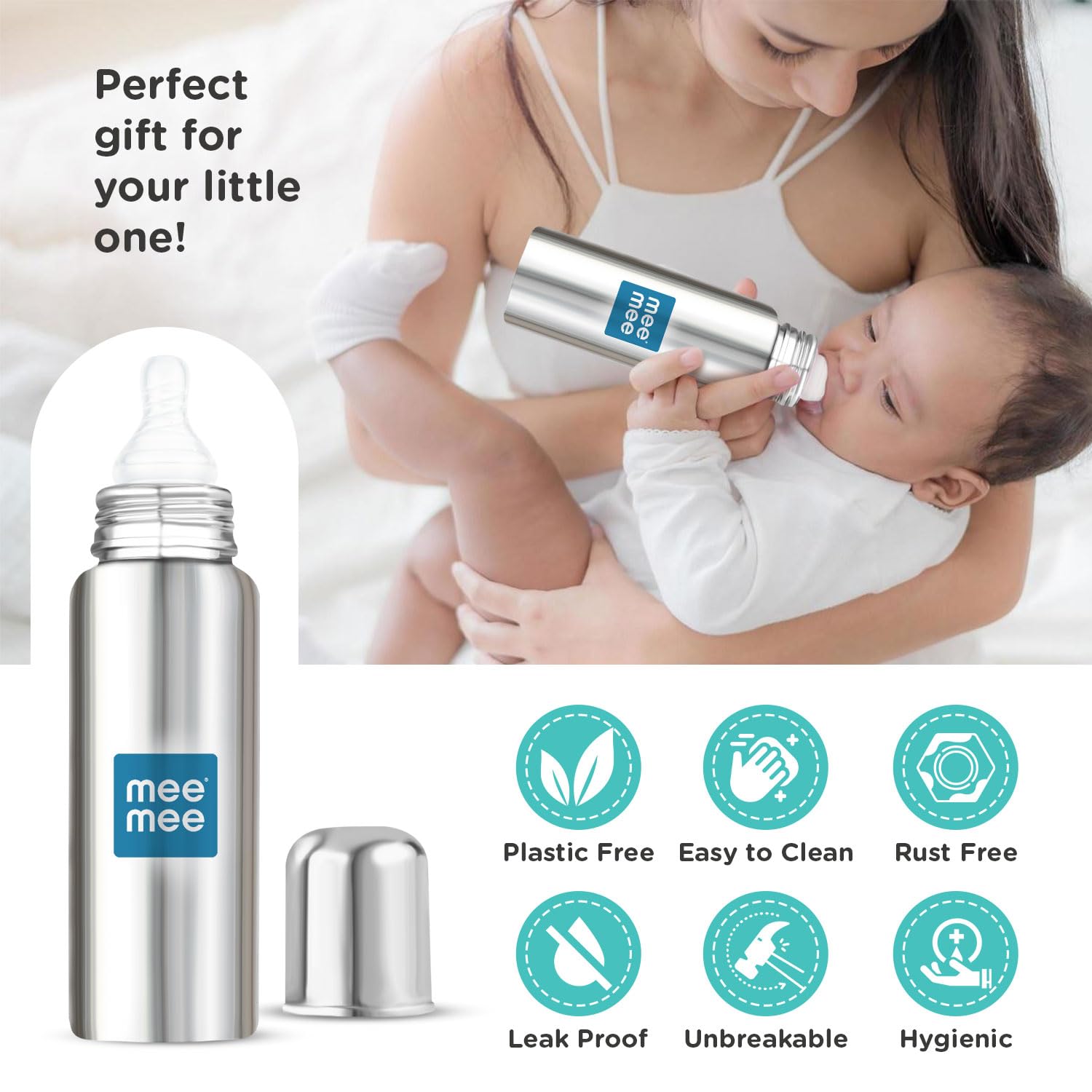 Mee Mee Baby Steel Feeding Bottle 250ml | Baby Milk Bottle with Advanced Anti Colic Valve, BPA Free, Soft Silicone Teat, Wide Neck for Babies/Infants/Newborns of 0-2 Years