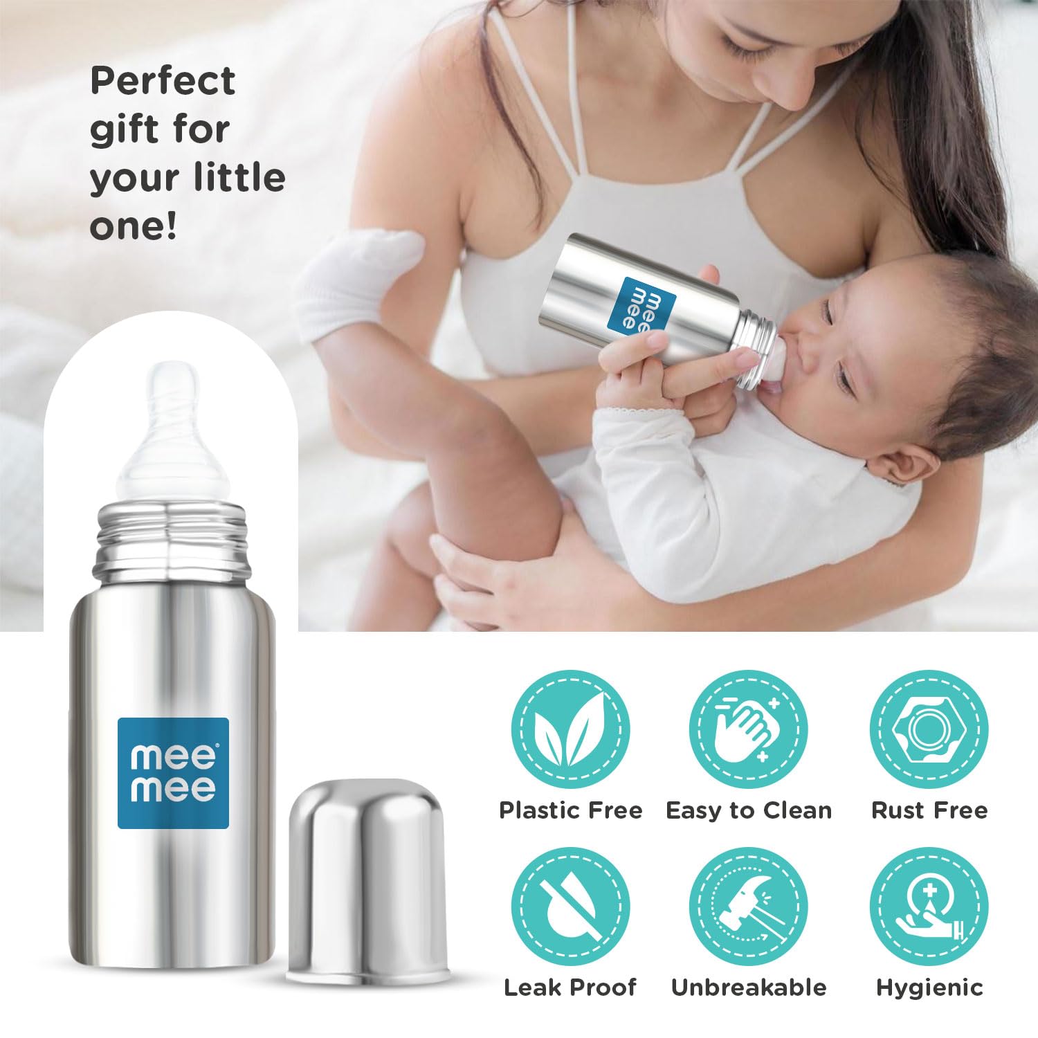 Mee Mee Baby Steel Feeding Bottle 240ml | Baby Milk Bottle with Advanced Anti Colic Valve, BPA Free, Soft Silicone Teat, Wide Neck for Babies/Infants/Newborns of 0-2 Years