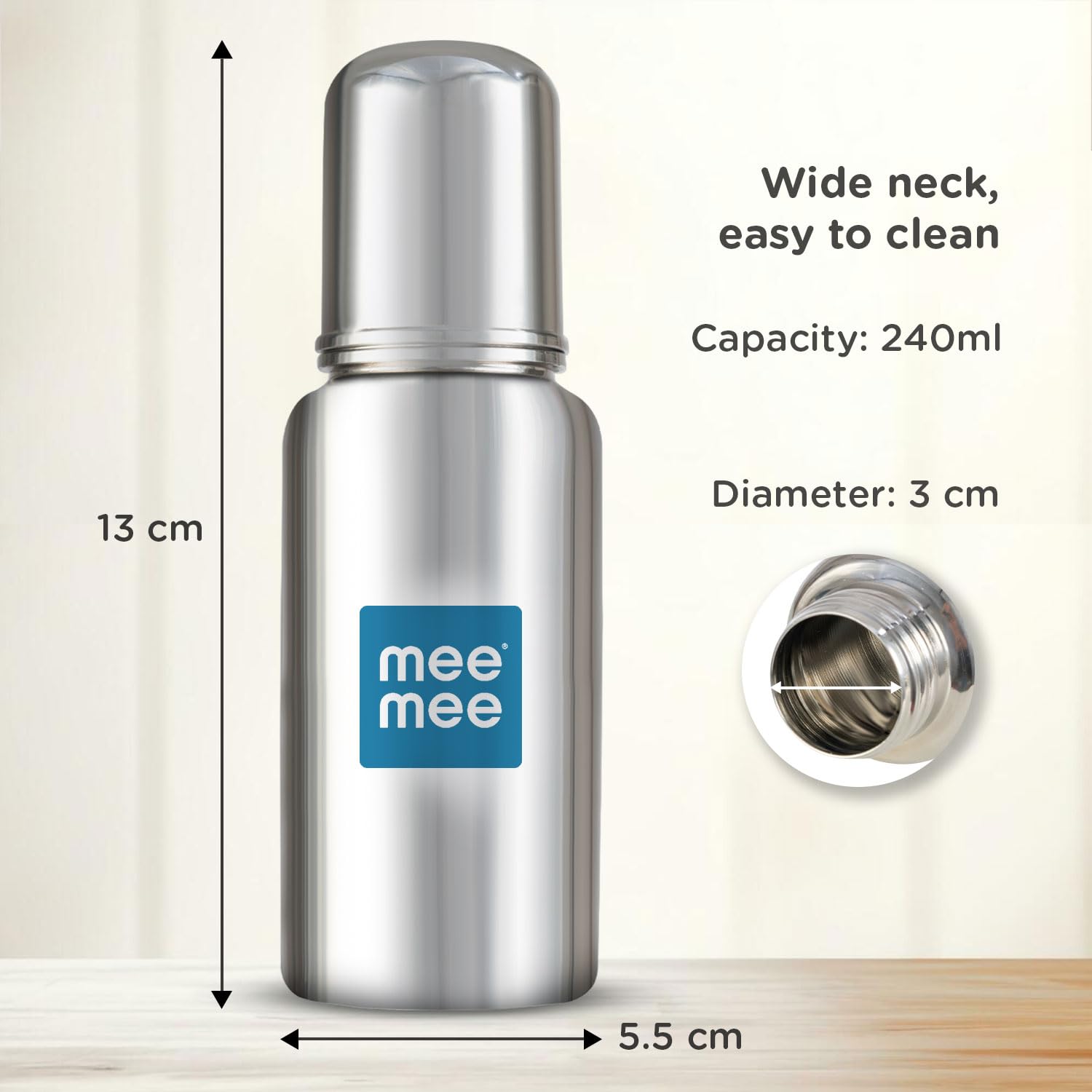 Mee Mee Baby Steel Feeding Bottle 240ml | Baby Milk Bottle with Advanced Anti Colic Valve, BPA Free, Soft Silicone Teat, Wide Neck for Babies/Infants/Newborns of 0-2 Years