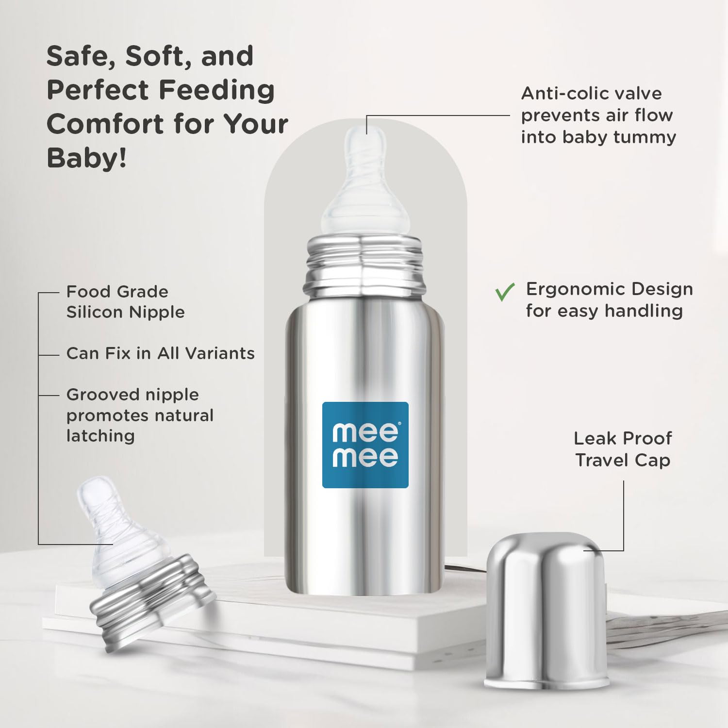 Mee Mee Baby Steel Feeding Bottle 240ml | Baby Milk Bottle with Advanced Anti Colic Valve, BPA Free, Soft Silicone Teat, Wide Neck for Babies/Infants/Newborns of 0-2 Years