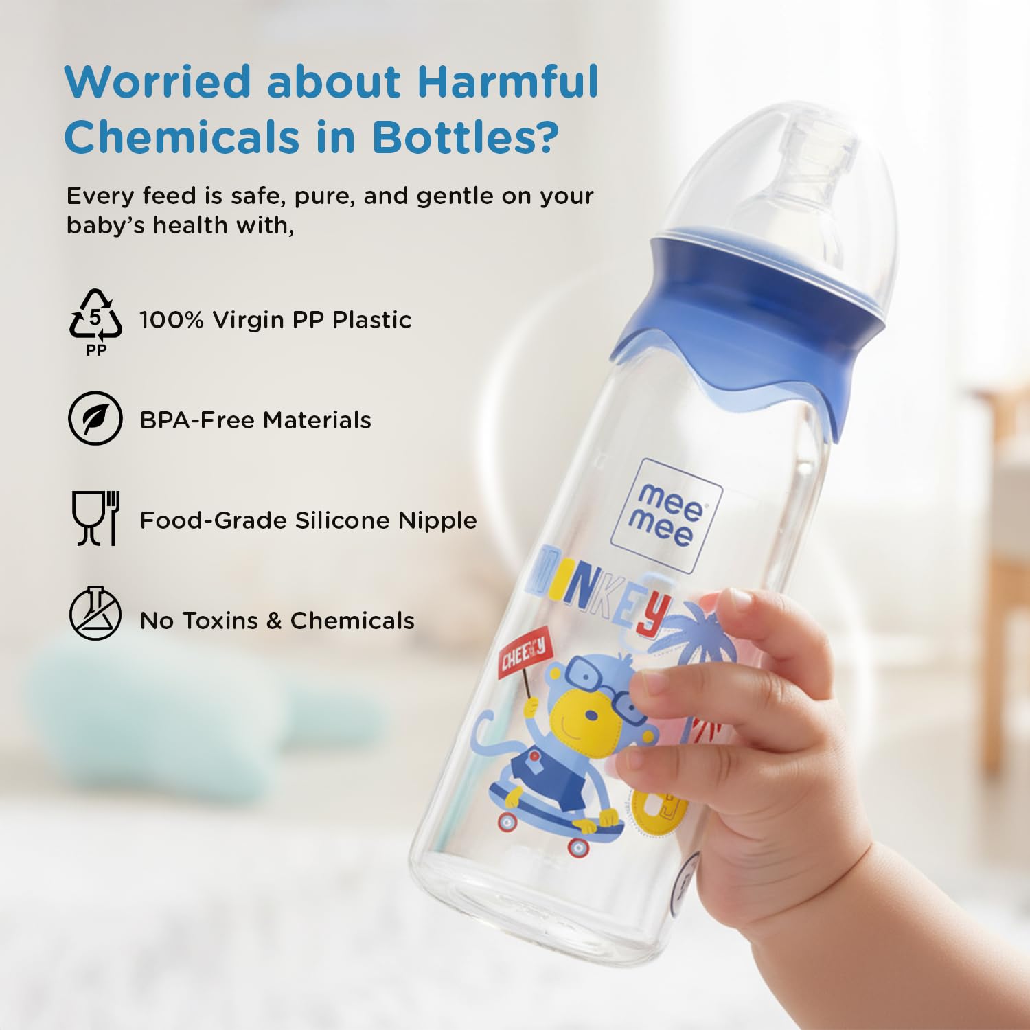 Mee Mee BPA-Free Baby Feeding Bottle, Eazy Flo Technology, Anti-Colic Valve, 0-3 Years | Blue, 250 ML