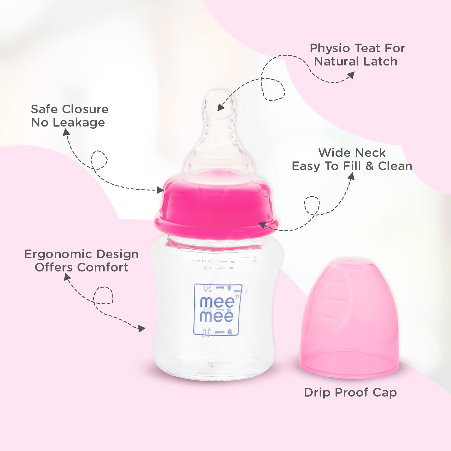 Mee Mee Premium Glass Feeding Bottle with Eazy-Flow Technology, Anti-Colic Valve,Anti Slip,BPA-free Baby Feeding Bottle For Babies & Toddlers(Pink,Blue And Green 120Ml)