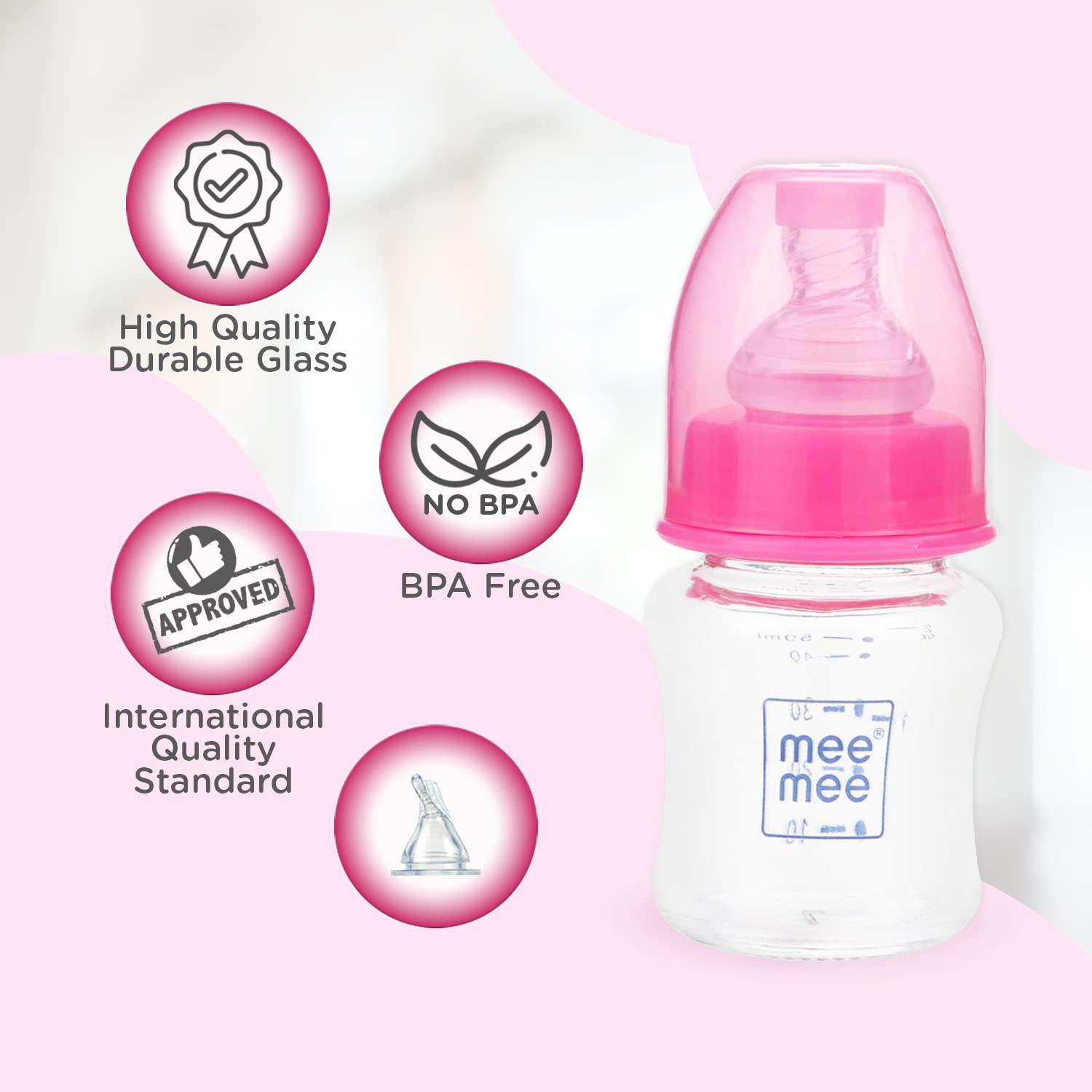 Mee Mee Premium Glass Feeding Bottle with Eazy-Flow Technology, Anti-Colic Valve,Anti Slip,BPA-free Baby Feeding Bottle For Babies & Toddlers(Pink,Blue And Green 120Ml)