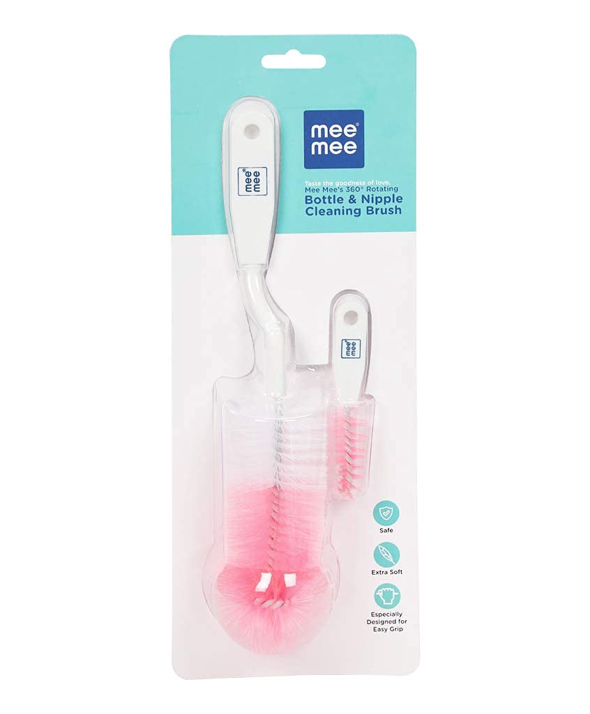 Mee Mee Nylon Bottle Brush with Nipple Cleaner | 360° Rotating Handle | High-Density Soft Bristles | BPA-Free | Scratch-Free Cleaning | Non-Toxic | Easy Grip | Dishwasher Safe (Pink)