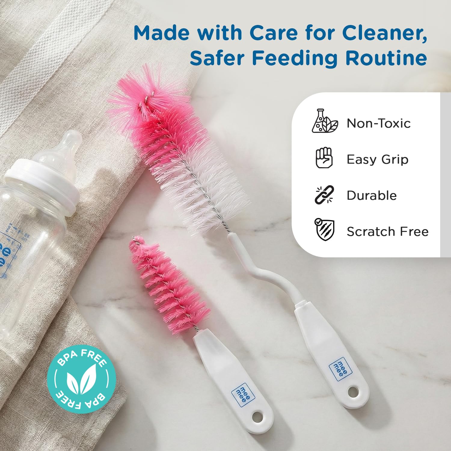 Mee Mee Nylon Bottle Brush with Nipple Cleaner | 360° Rotating Handle | High-Density Soft Bristles | BPA-Free | Scratch-Free Cleaning | Non-Toxic | Easy Grip | Dishwasher Safe (Pink)
