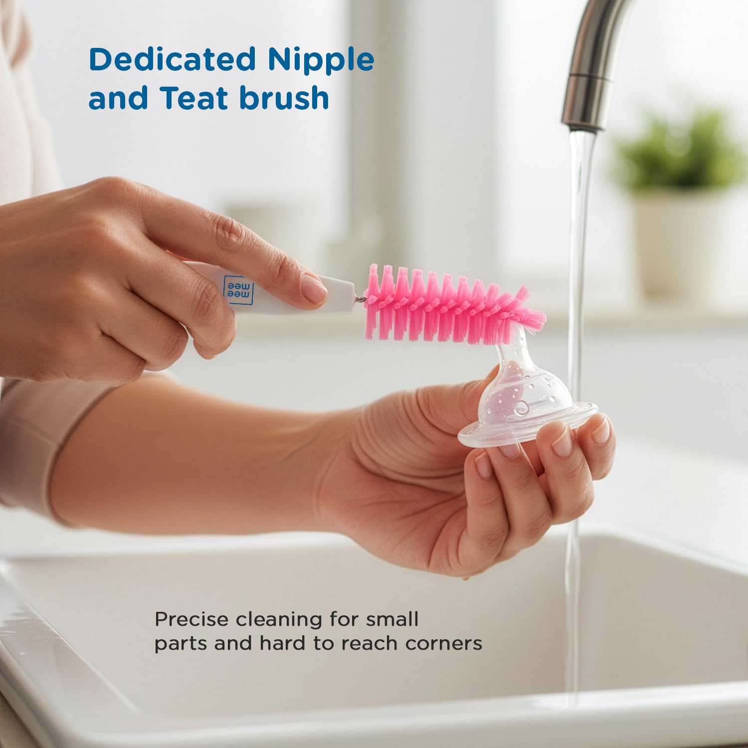 Mee Mee Nylon Bottle Brush with Nipple Cleaner | 360° Rotating Handle | High-Density Soft Bristles | BPA-Free | Scratch-Free Cleaning | Non-Toxic | Easy Grip | Dishwasher Safe (Pink)