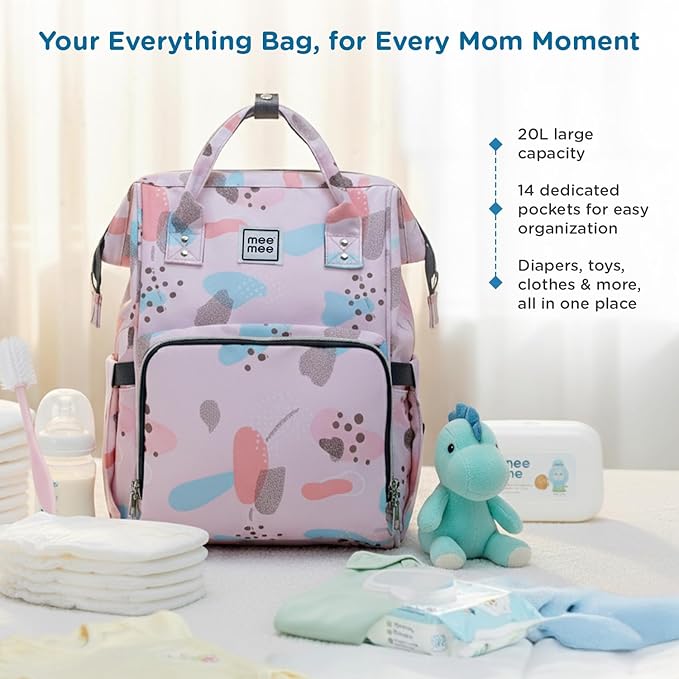 Mee Mee Cuddle Carry Diaper Bag Backpack for Moms & Dads, 20L Large Capacity with 14 Pockets, Insulated Bottle Pockets, Water-Resistant Oxford Fabric, Multi-Functional Baby Travel Tote.