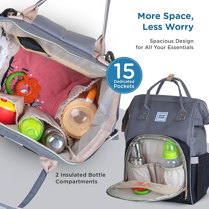 Mee Mee Grace Tote Diaper Bag Backpack for Moms & Dads, 20L Large Capacity with 14 Pockets, Insulated Bottle Holders, Flap Tissue Dispenser, Water-Resistant Oxford Fabric.