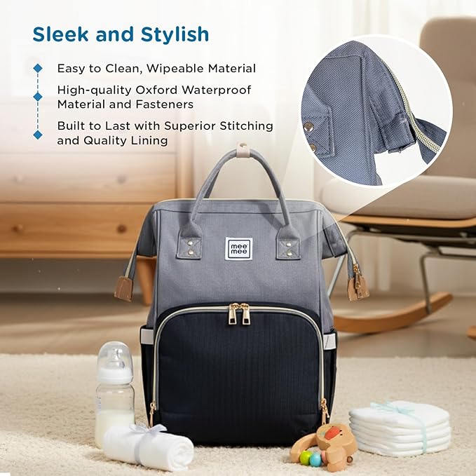 Mee Mee Grace Tote Diaper Bag Backpack for Moms & Dads, 20L Large Capacity with 14 Pockets, Insulated Bottle Holders, Flap Tissue Dispenser, Water-Resistant Oxford Fabric.