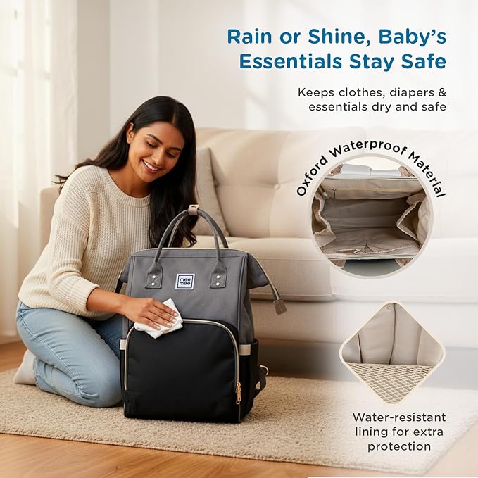Mee Mee Grace Tote Diaper Bag Backpack for Moms & Dads, 20L Large Capacity with 14 Pockets, Insulated Bottle Holders, Flap Tissue Dispenser, Water-Resistant Oxford Fabric.