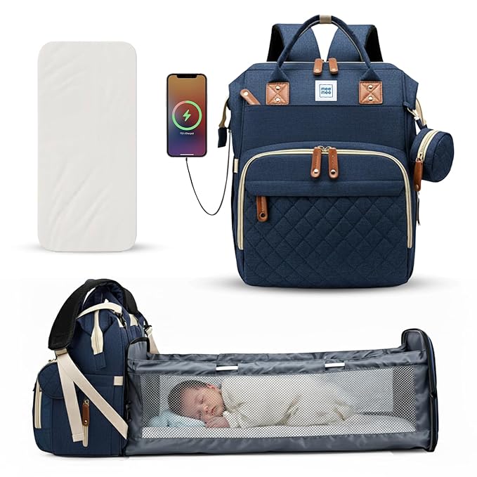 Mee Mee Tiny Treks Baby Diaper Bag Backpack with Foldable Bassinet Changing Station | Waterproof Maternity Travel Bag for Moms | USB Port, Insulated Bottle & Pacifier Holder.