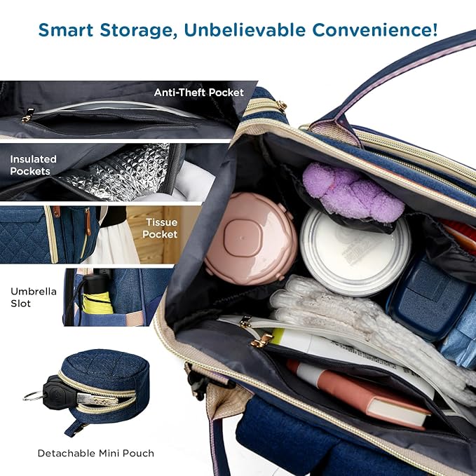 Mee Mee Tiny Treks Baby Diaper Bag Backpack with Foldable Bassinet Changing Station | Waterproof Maternity Travel Bag for Moms | USB Port, Insulated Bottle & Pacifier Holder.