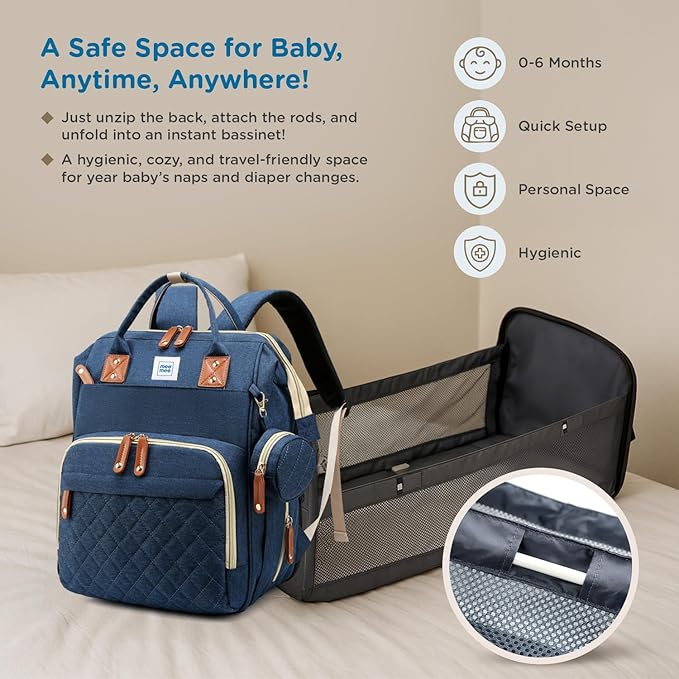 Mee Mee Tiny Treks Baby Diaper Bag Backpack with Foldable Bassinet Changing Station | Waterproof Maternity Travel Bag for Moms | USB Port, Insulated Bottle & Pacifier Holder.