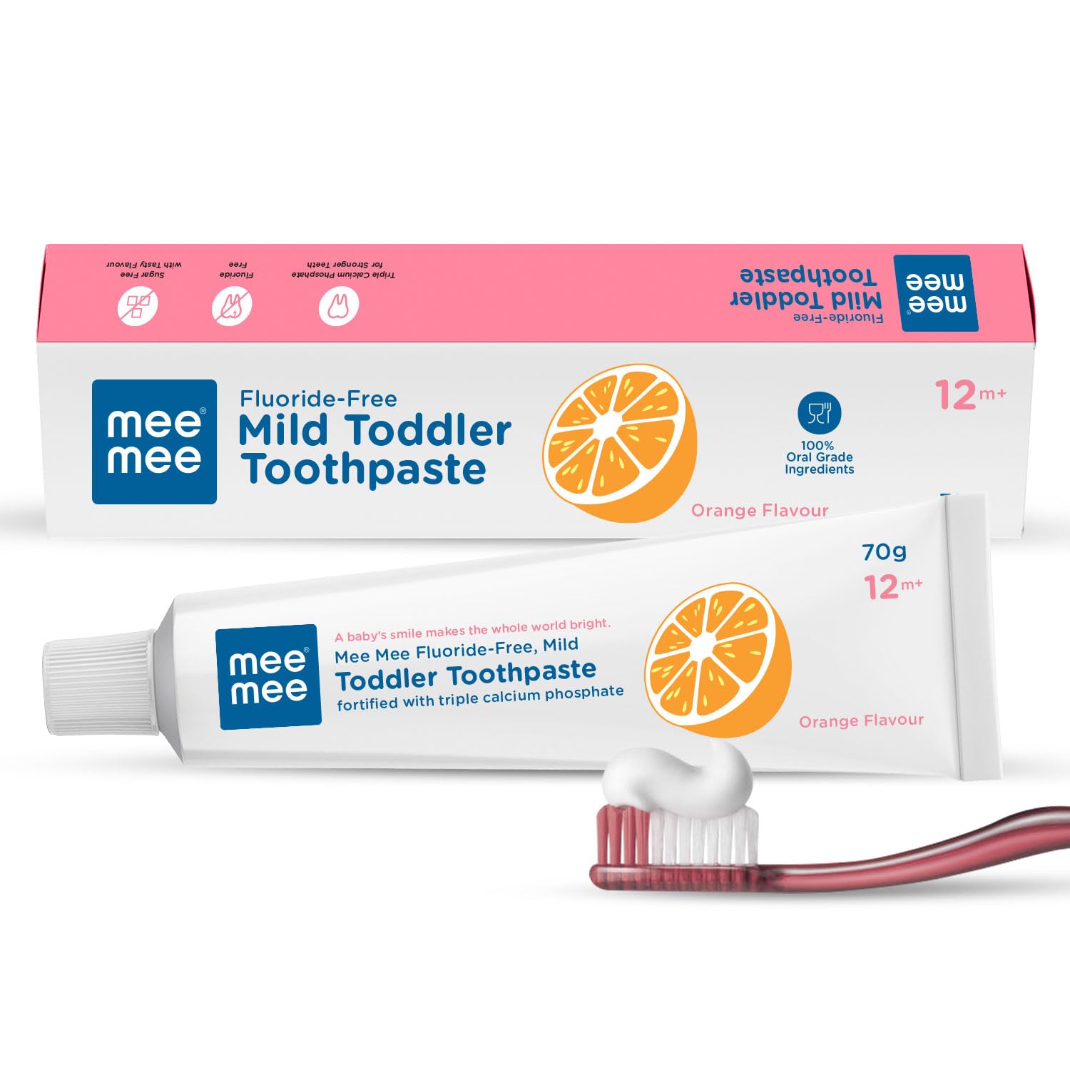 Mee Mee Fluoride-Free Baby Tooth paste for Kids & toddlers Fortified with Triple Calcium Phosphate, Cavity Protection, Oral Care, Best for Baby 1 year +, 70 gram (Orange, Pack of 2)