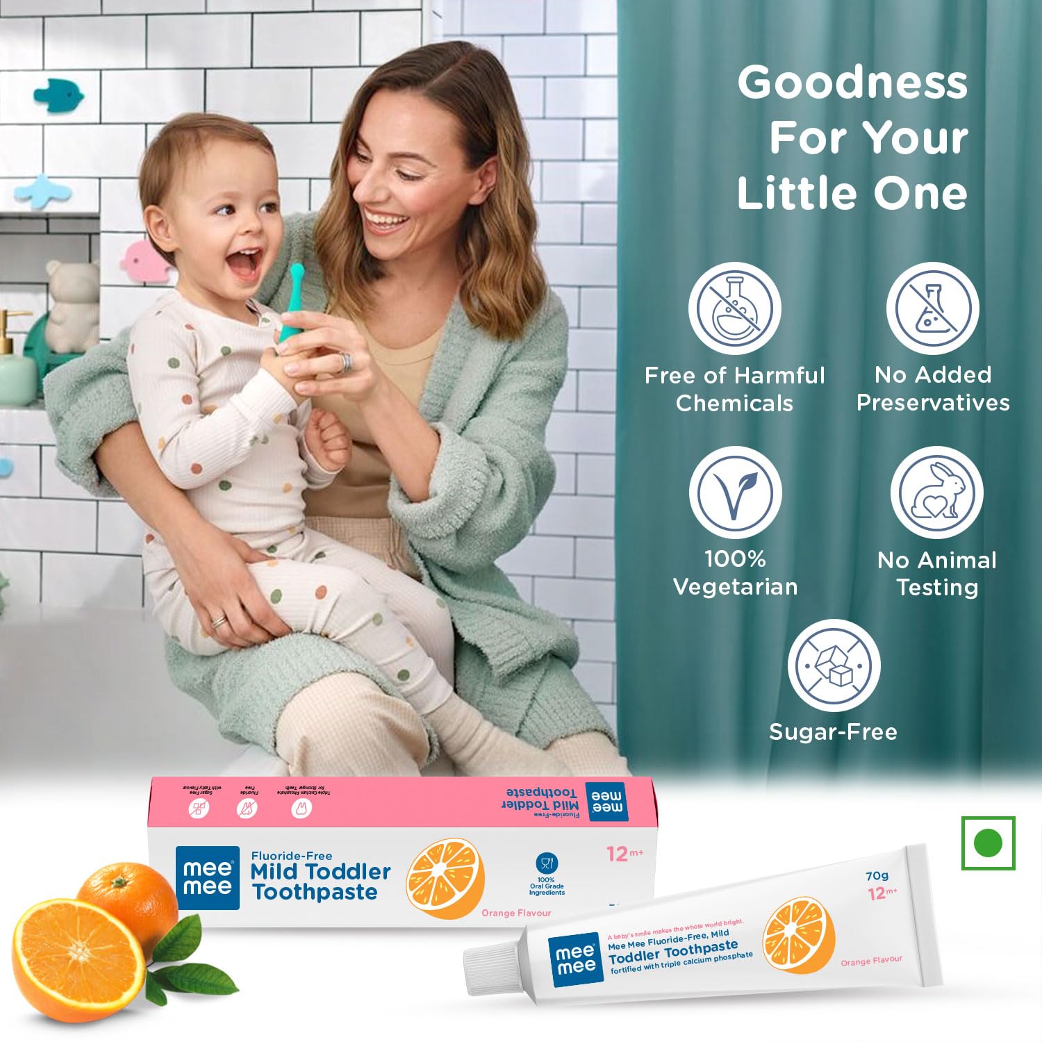 Mee Mee Fluoride-Free Baby Tooth paste for Kids & toddlers Fortified with Triple Calcium Phosphate, Cavity Protection, Oral Care, Best for Baby 1 year +, 70 gram (Orange, Pack of 2)