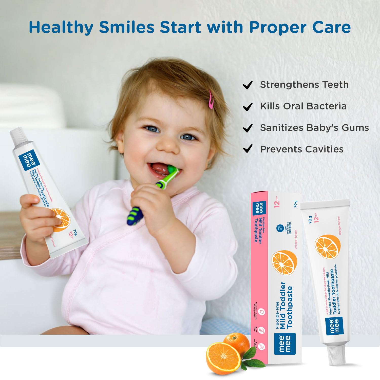 Mee Mee Fluoride-Free Baby Tooth paste for Kids & toddlers Fortified with Triple Calcium Phosphate, Cavity Protection, Oral Care, Best for Baby 1 year +, 70 gram (Orange, Pack of 2)