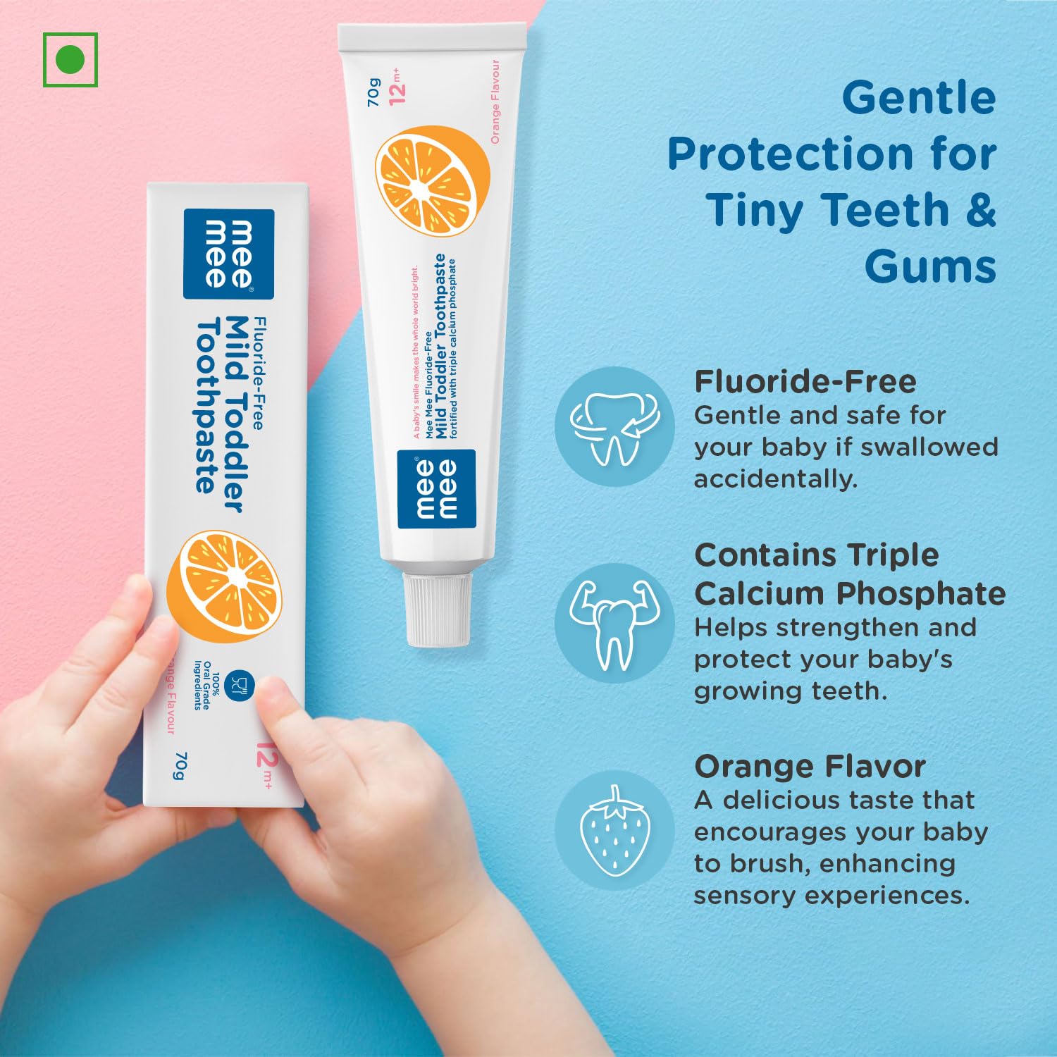 Mee Mee Fluoride-Free Baby Tooth paste for Kids & toddlers Fortified with Triple Calcium Phosphate, Cavity Protection, Oral Care, Best for Baby 1 year +, 70 gram (Orange, Pack of 2)