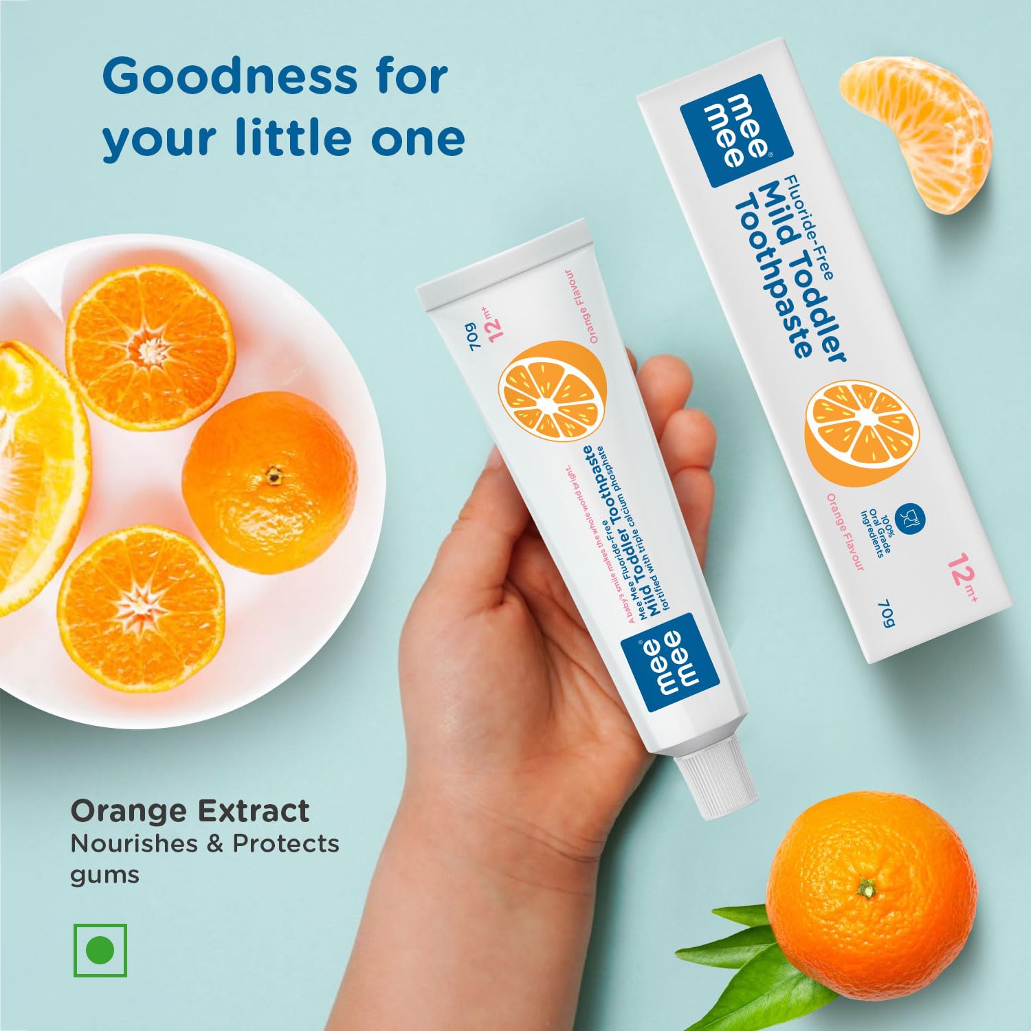 Mee Mee Fluoride-Free Baby Tooth paste for Kids & toddlers Fortified with Triple Calcium Phosphate, Cavity Protection, Oral Care, Best for Baby 1 year +, 70 gram (Orange, Pack of 2)