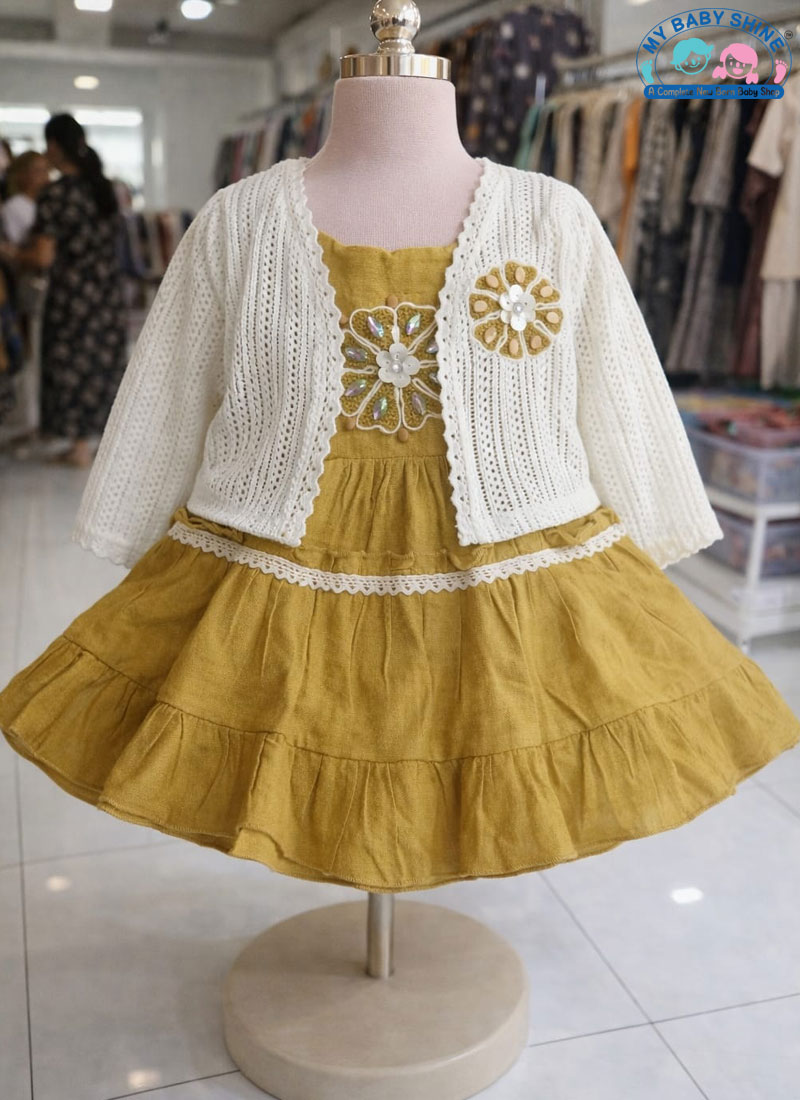 Mustard Color Baby Girl Party Wear Cotton Frock with Designer White Shrug